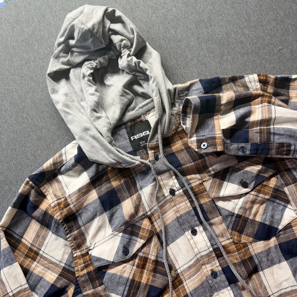 RSQ Mens Hooded Flannel Shirt Large Navy Blue Brown Plaid Long Sleeve Button Up